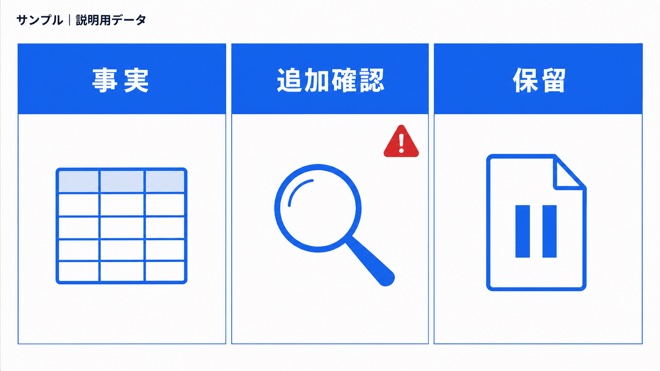 数字のズレを事実・追加確認・保留に分ける表(サンプルデータ)