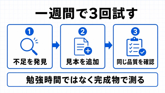 一業務を3回試して完成物で測る図