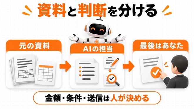 自社資料と仕事のルールをAIへ渡し、金額や送信の最終判断は人が行う分担図