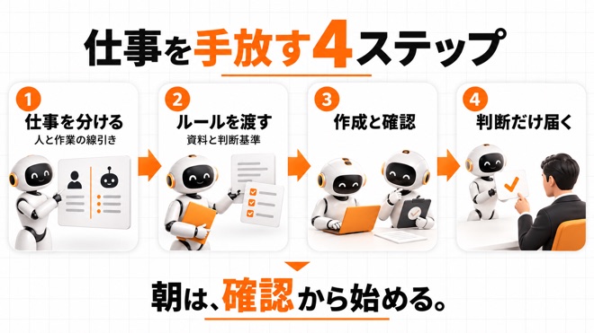 毎週の仕事を選び、ルールを渡し、作成と確認を分け、最後に人が承認する4ステップの図解
